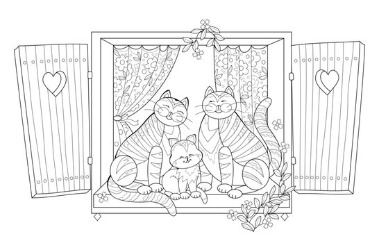 Illustration of cute cats family sitting on the window. Zen-tangle style image. Printable page for drawing and meditation. Coloring book for children and adults. Black and white vector.