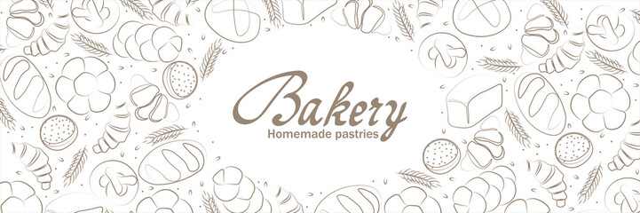 Trendy Vector horizontal background for bakery or cafe.Illustrations of buns,bread,baguette,and other pastries for packaging,labels,or signage.Line Art of food for banner, flyer or menu.Lettering