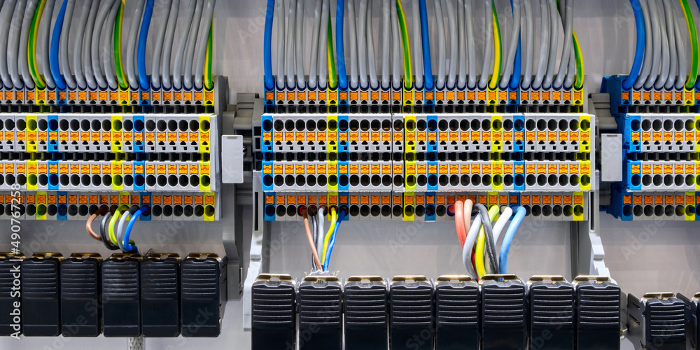 Poster color wires in a box of distribution of an electricity, plc control panel with wiring, lectric contr