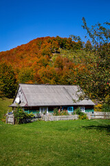 Fototapeta premium Wooden house for tourists in the autumn Carpathian mountains.