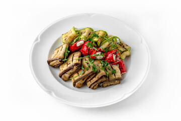Envelopes of zucchini and eggplant stuffed with cheese, grilled vegetables with nuts and herbs on a...