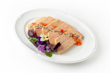 Salmon fillet pate with fillet pieces in sauce. Banquet festive dishes. Gourmet restaurant menu....