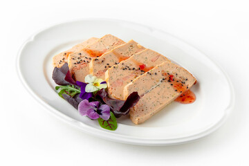 Salmon fillet pate with fillet pieces in sauce. Banquet festive dishes. Gourmet restaurant menu. White background.