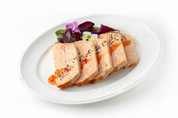 Salmon fillet pate with fillet pieces in sauce. Banquet festive dishes. Gourmet restaurant menu. White background.