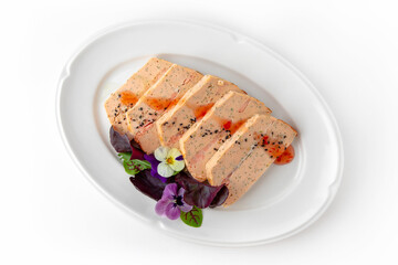 Salmon fillet pate with fillet pieces in sauce. Banquet festive dishes. Gourmet restaurant menu. White background.