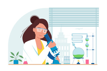 Scientist at work, female character conducting experiments with microscope vector illustration. Laboratory analysis, test tubes, developing vaccines for diseases medicines. Doctor work in science lab.