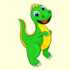 Smiling dino baby green. Yellow background. Cartoon.