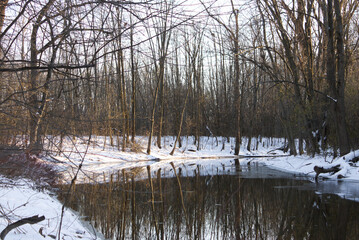 A relaxing scene in a wooded area after the first snow, bordering a river reflecting the bare trees