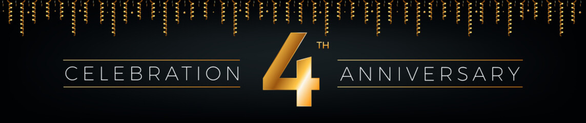 4th anniversary. Four years birthday celebration horizontal banner with bright golden color.