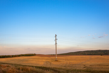 A lone electric pole in a field at sunset.