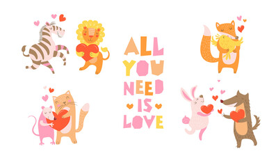 A pair of cute animals in love - a rat and a cat, a zebra and a lion, a fox and a chick, a wolf and a hare holding a heart in their paws. Lettering - all you need is love. Vector illustration