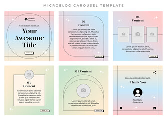 Microblog carousel slides template for instagram or social media. Six pages with aesthetic gradient pastel colors background