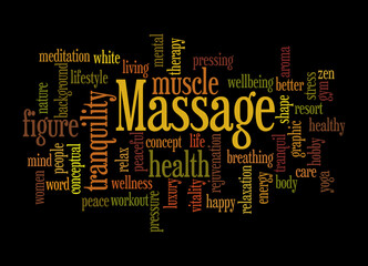 Word Cloud with MASSAGE concept, isolated on a black background