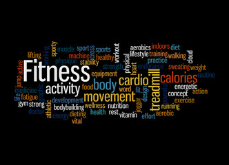 Word Cloud with FITNESS concept, isolated on a black background