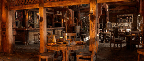 Wide panorama 3D illustration of fantasy medieval tavern bar. - obrazy, fototapety, plakaty