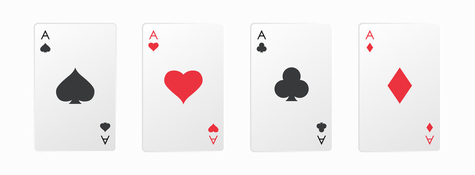 Realistic playing card. Four aces playing card suits set. Hearts, spades, diamonds, clubs cards. A winning poker hand. Poker, gambling concept.