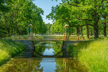 Fototapeta na wymiar Chinese bridge over Krestovy Canal in Alexander Park on a sunny summer day in Tsarskoye Selo (Pushkin), Russia