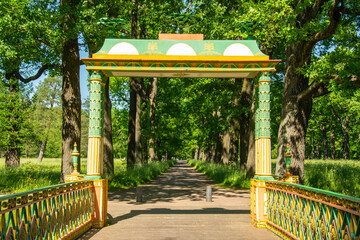 Chinese bridge over Krestovy Canal in Alexander Park on a sunny summer day in Tsarskoye Selo...