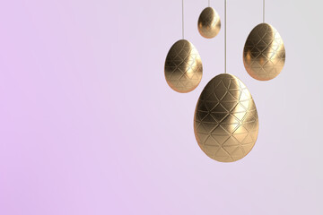 Happy Easter background with hanging golden eggs isolated on a lilac gradient - Festive holidays concept - Copy space