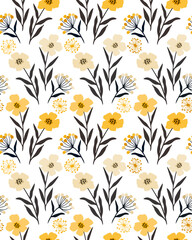 Seamless pattern of small field simple yellow flowers and bouquets. Design for cotton fabric, wallpaper, home textile.