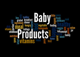 Word Cloud with BABY PRODUCTS concept, isolated on a black background