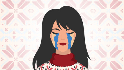 The girl cries in the color of the flag of Ukraine. Pray for peace in Ukraine. Vector.