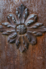 Decorative ornament in the form of a plant leaf on a rusty mental door