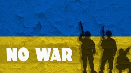 Silhouette of armed soldiers on Ukrainian flag. No war.