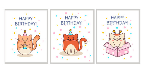 Fototapeta na wymiar A set of Birthday greeting cards with cute cats in a kawaii style
