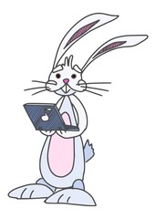 rabbit holding computer in hands worker character