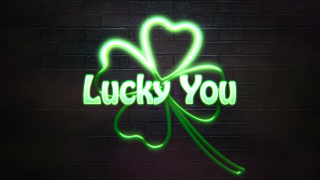 Lucky You with big neon green shamrocks on wood, motion holidays and Irish national style background