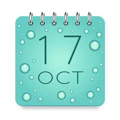 17 day of month. October. Calendar daily icon. Date day week Sunday, Monday, Tuesday, Wednesday, Thursday, Friday, Saturday. Dark Blue text. Cut paper. Water drop dew raindrops. Vector illustration.