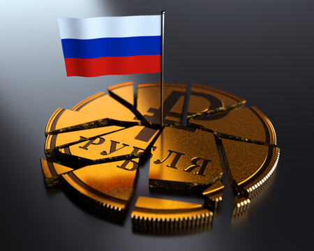 Russian stocks crash and ruble plunges to a record low. Russian flag.  Ruble Collapse. Russian financial crisis. Ukraine Invasion. Rouble heads to a record low. Moscow Stock Market. 3D Illustration