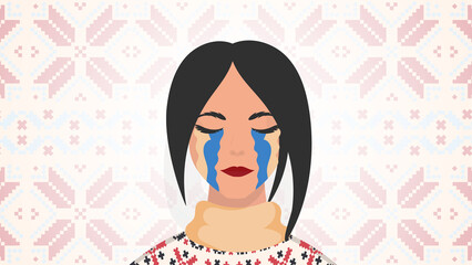 The girl sheds tears in the color of the flag of Ukraine. Pray for Ukraine. Vector illustration.