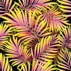 Palm. Seamless pattern with branches and leaves of tropical plants.Vector image. 