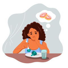 A sad young African-American woman is sitting at the table with a plate of broccoli and dreams of a donut. Healthy lifestyle and bad habits. The concept of fitness and diet. Vector illustration