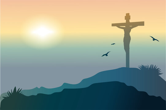 Good friday template. Easter biblical story. Calvary hill with silhouette Jesus Christ on the crosses. Jesus on the cross biblical vector illustrations. Crucifixion of Jesus Christ. He is risen.