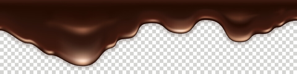 Chocolate melt drip. Wave splash, dark brown flowing liquid texture. Milk chocolate creamy border on transparent background. Abstract vector illustration