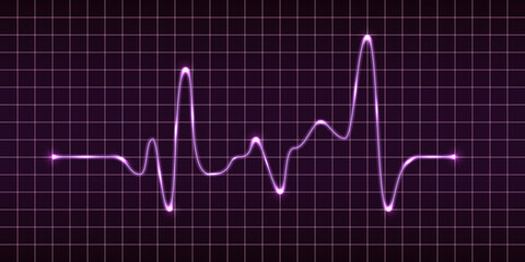Naklejka premium Electric impulse signal, heart beat pulse monitor, oscilloscope electrocardiogram graph. Purple glowing electric light effect. MOdern technology vector illustration