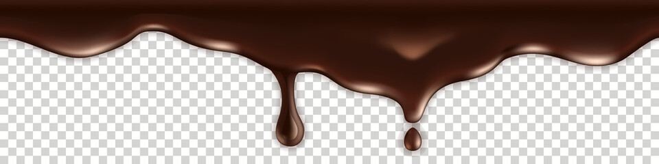 Chocolate melted drip. Milk chocolate liquid texture with wavy splash and drops. Creamy dark brown border iolated on transparent background. Abstract vector illustration