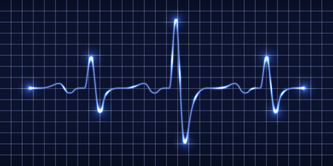 Heart beat pulse monitor; blue electric wave signal; oscilloscope graph. Electrocardiogram line graph with light glow effect. Technology vVector illustration - obrazy, fototapety, plakaty