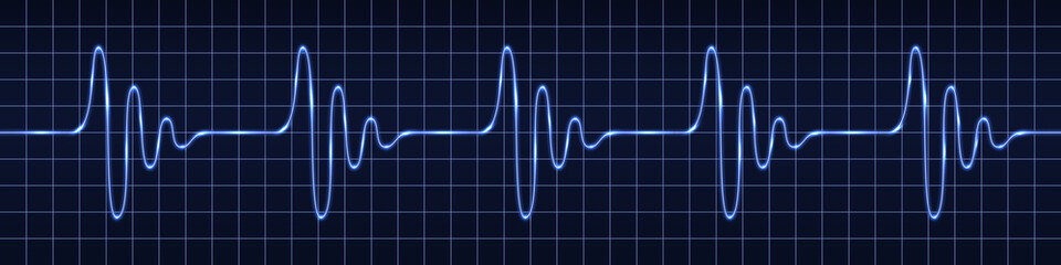 Heart beat pulse. Sine wave impulse signal. Oscilloscope monitor display, Blue light glow. Electrocardiogram graph line. Technology vector illustration