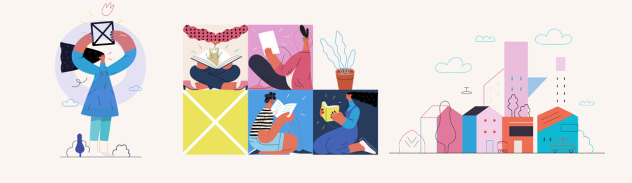 Startup illustrations set. Flat line vector modern concept illustration of people, startup metaphor. Concept of building new business, planning, strategy, teamwork and management. Company processes