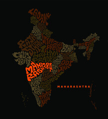 Maharashtra map lettering with india. India Map lettering with prominent maharashtra map.