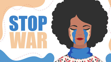 Stop war. The girl cries in the color of the flag of Ukraine. Vector.