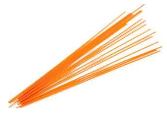 Spaghetti made from red lentils, pasta isolated on white, top view