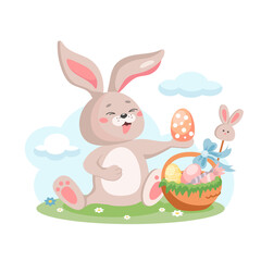 Cute Easter bunny and a basket with eggs, sweets. A hare is sitting on a green lawn. Easter. Vector illustration in cartoon style, isolated on a white background