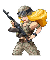 Military girl with automatic gun in uniform.