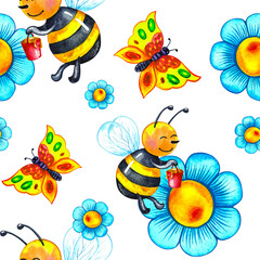 Chamomile flower seamless pattern, cartoon flying bees and butterflies with honey on white background.