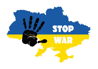Ukraine map silhouette with flag colors and phrase Ukraine needs help. No war. Hand making stop sign